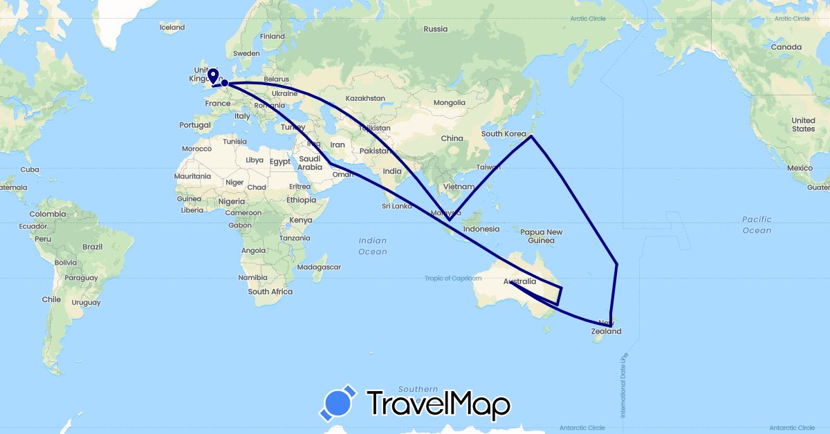 TravelMap itinerary: driving in Australia, Fiji, United Kingdom, Indonesia, Japan, Netherlands, New Zealand, Qatar, Singapore (Asia, Europe, Oceania)